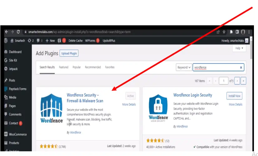 Selecting Wordfence Security plugin