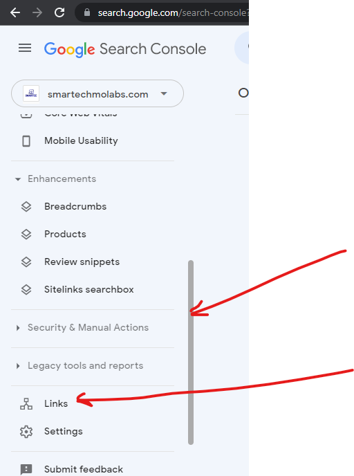 Links button on Google search console