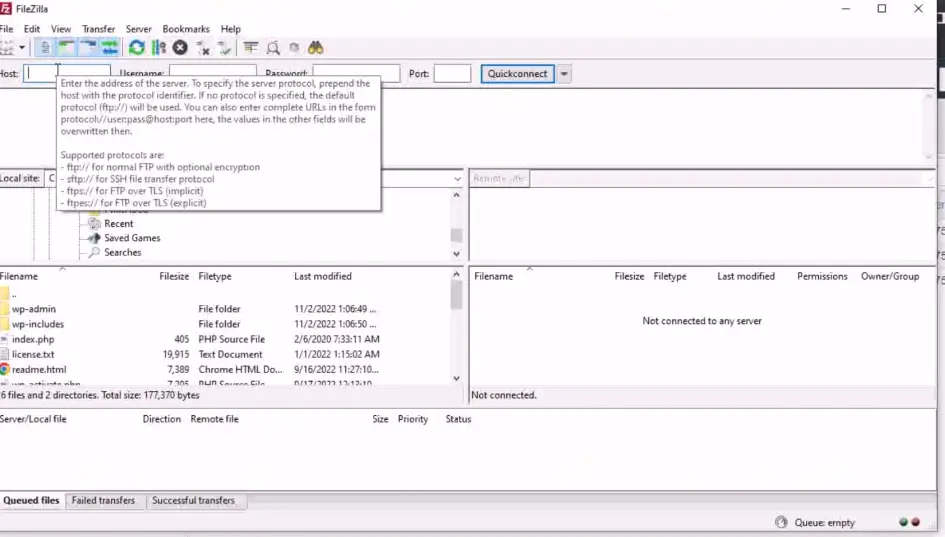 The filezilla dashboard