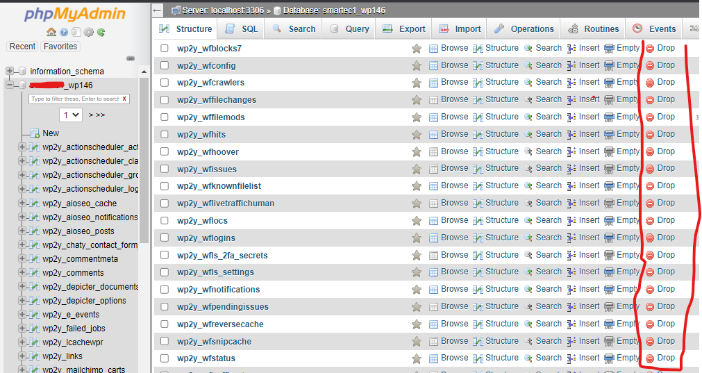 dropping the Wordfence plugin extensions on phpMyAdmin