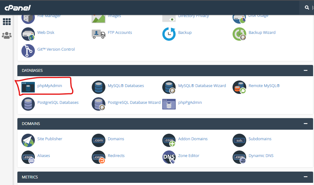 Locate the phpMyAdmin on the cPanel