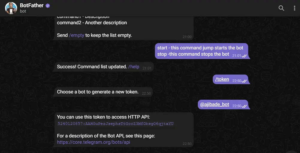 creating a bot on telegram using botfather