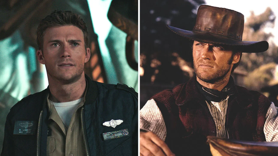 Scott Eastwood and his Dad Clint Eastwood in different movie scenes (Pacific Rim) and (Unforgiven)