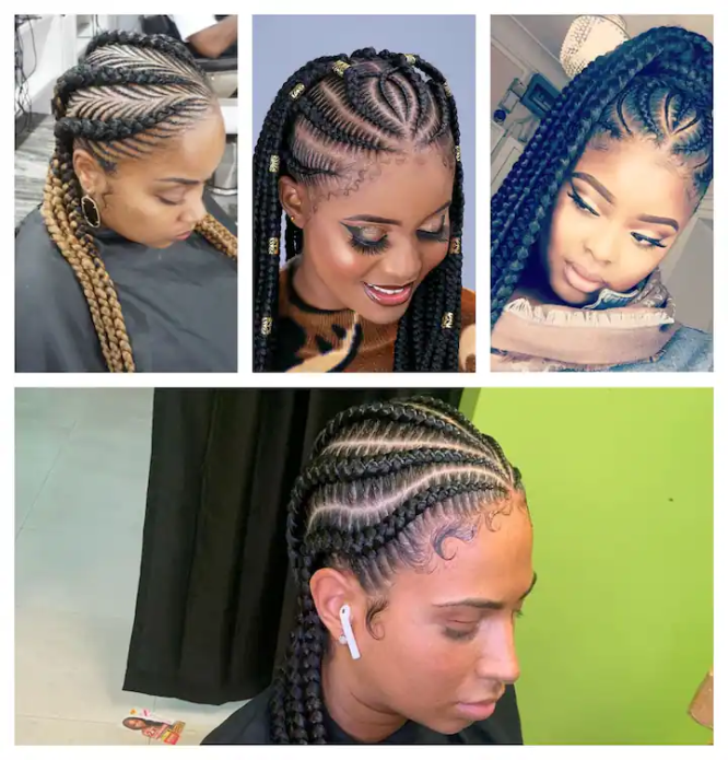 Waterfall Ghanian braids (bottom), triangle-parted (top L), braids with cuff, (top M), Ghanian braids ponytail (top R). Credit: tuko website