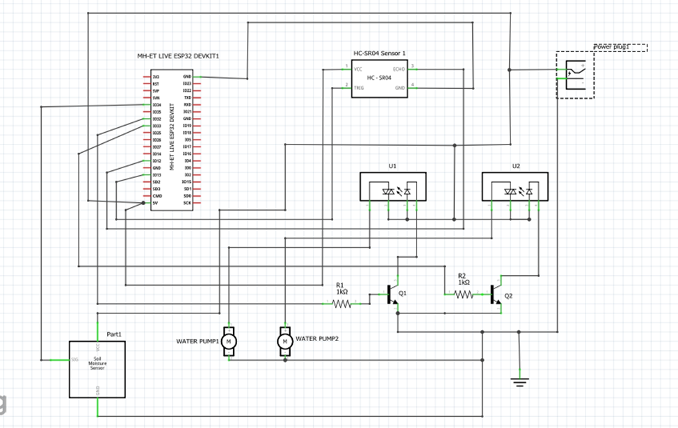 The circuit diagram for IoT based pump control irrigation system using ESP32 Arduino