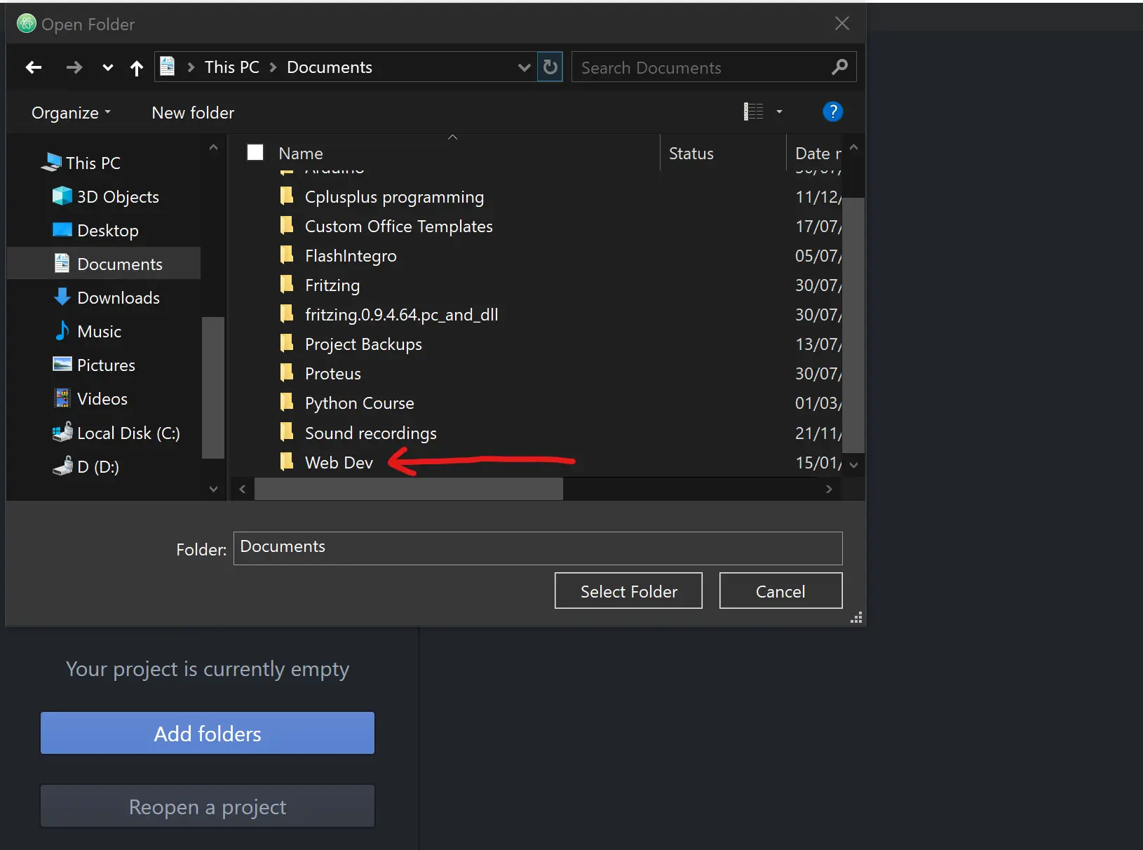 selecting a project folder in the editor.