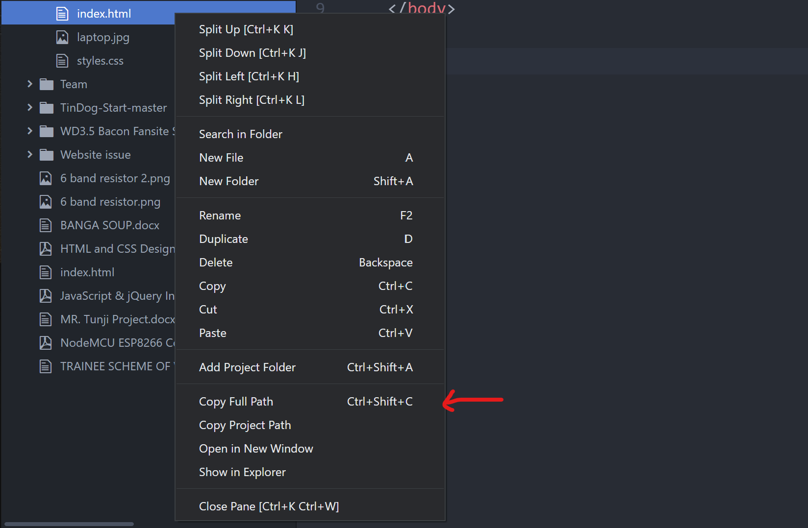 copying the html file path in Atom editor