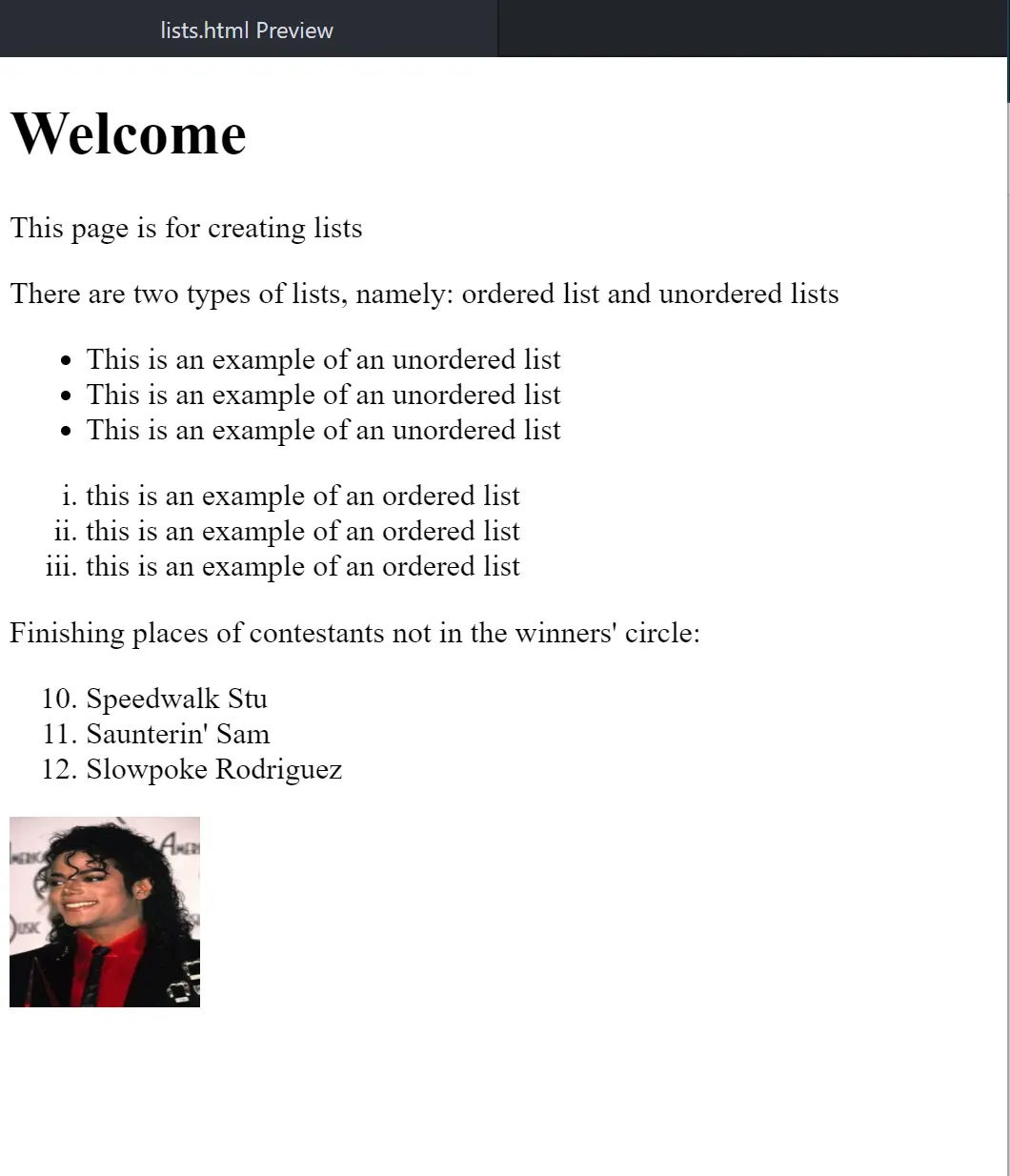 The result of the HTML lists written above.