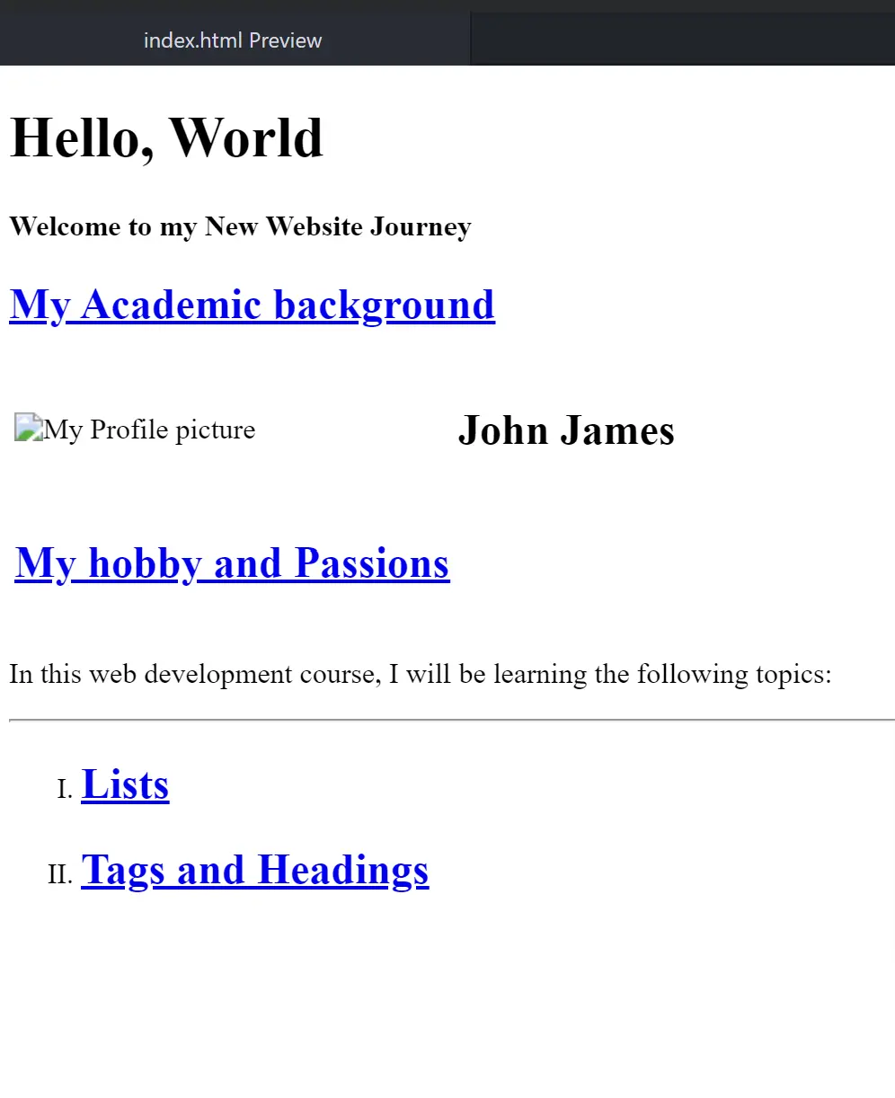 My hobbies highlighted in blue showing it is an internal link