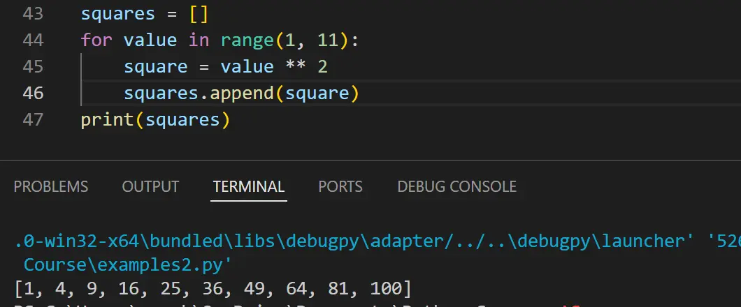Number squares in a list