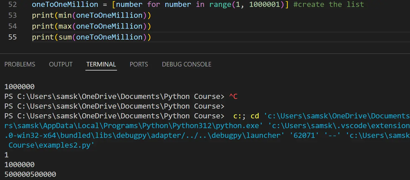 summing 1 to one million in python