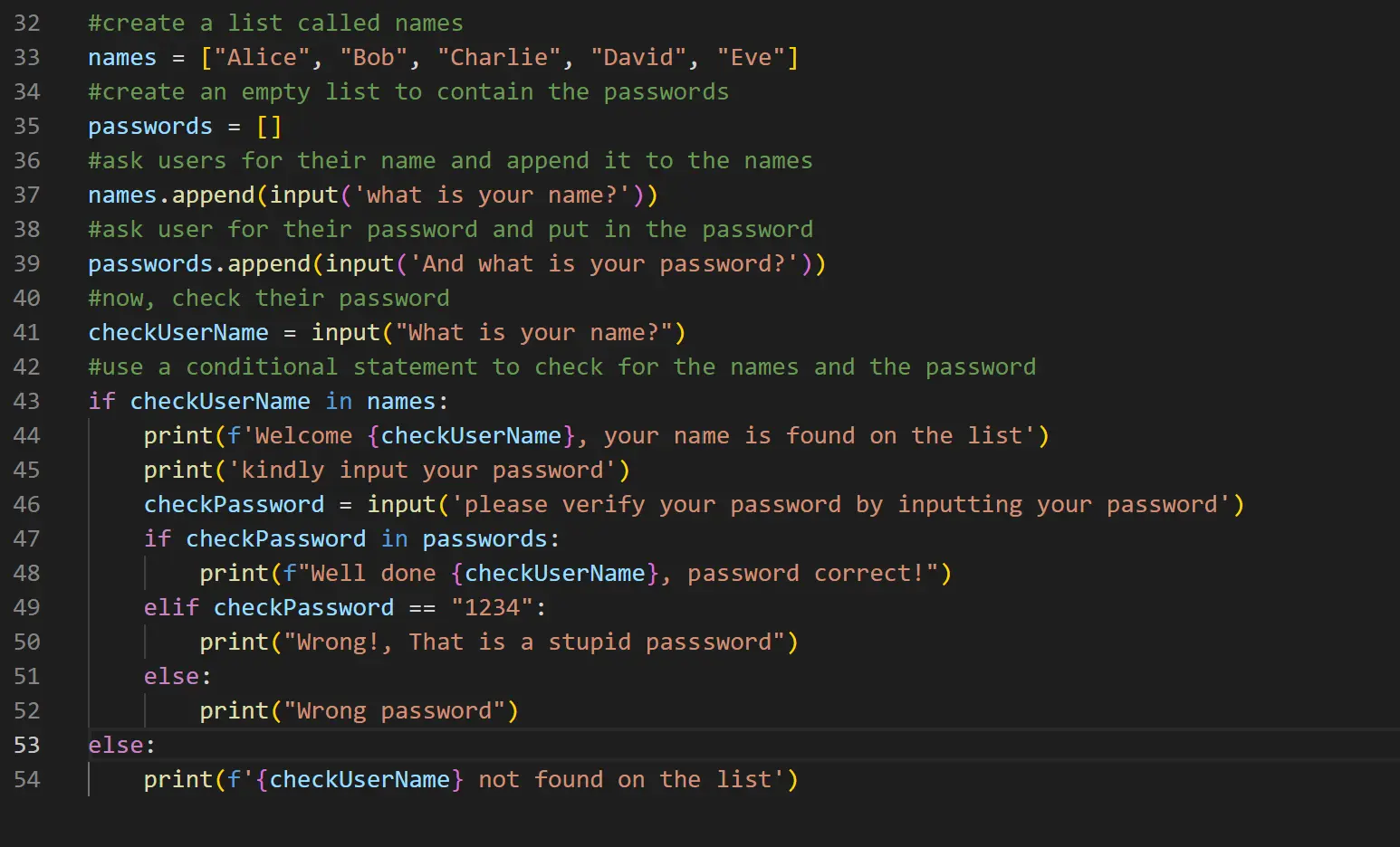 The program code snippet