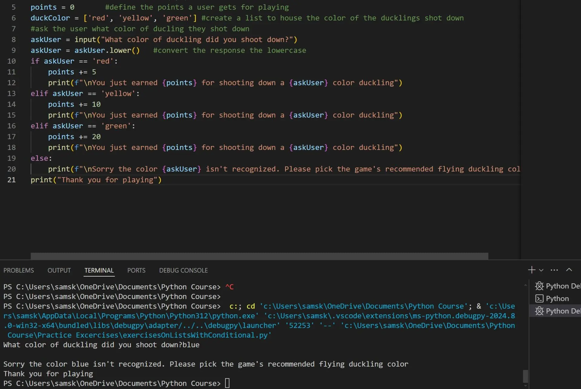 python simple game: the flying duckling