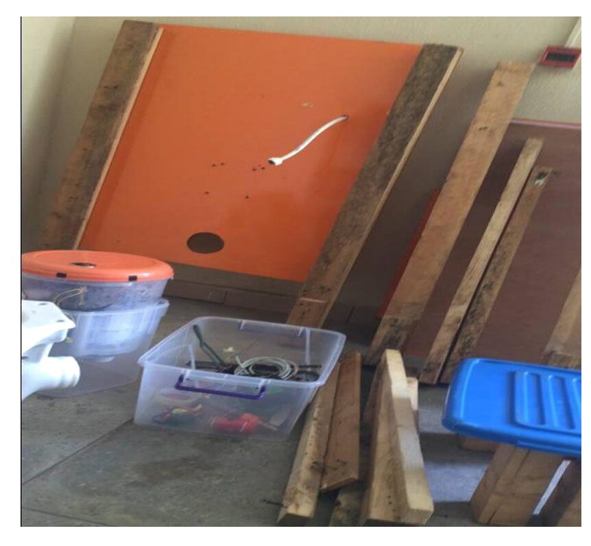 The wooden materials and other parts needed for the model of the Smart Automated Flushing System for kids