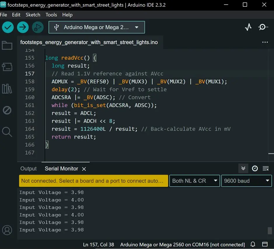 snippet of the Arduino code that measure the voltage generated by the PZTs