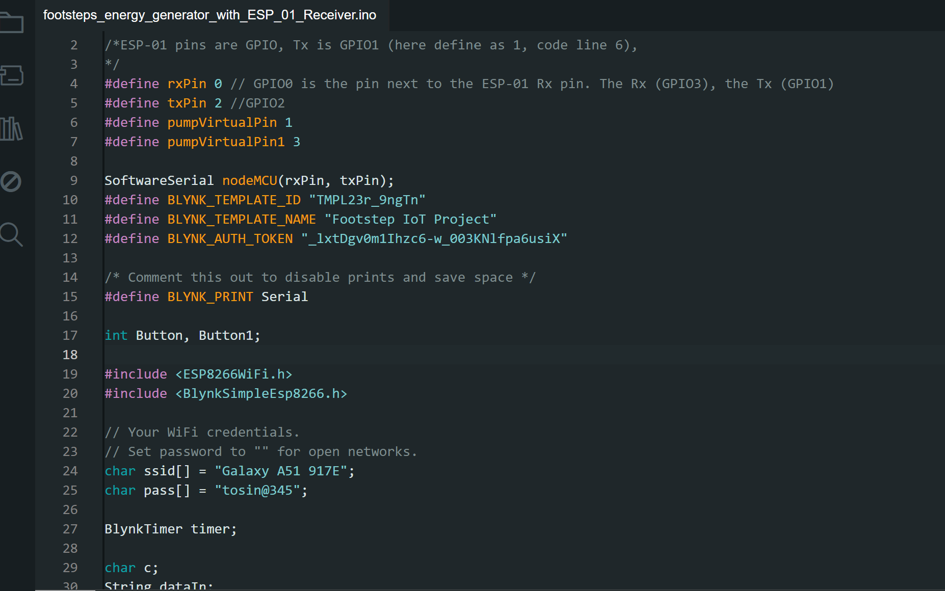 image showing Arduino code for the IoT Smart Streetlight project