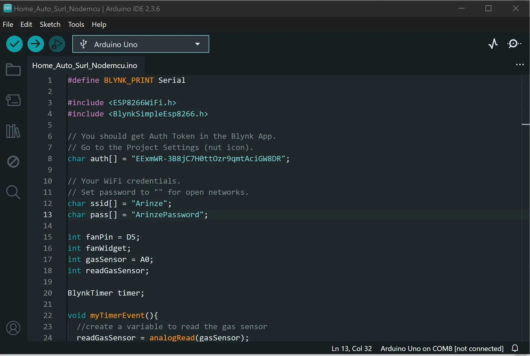 IoT Home Automation: code snippet for the Arduino program