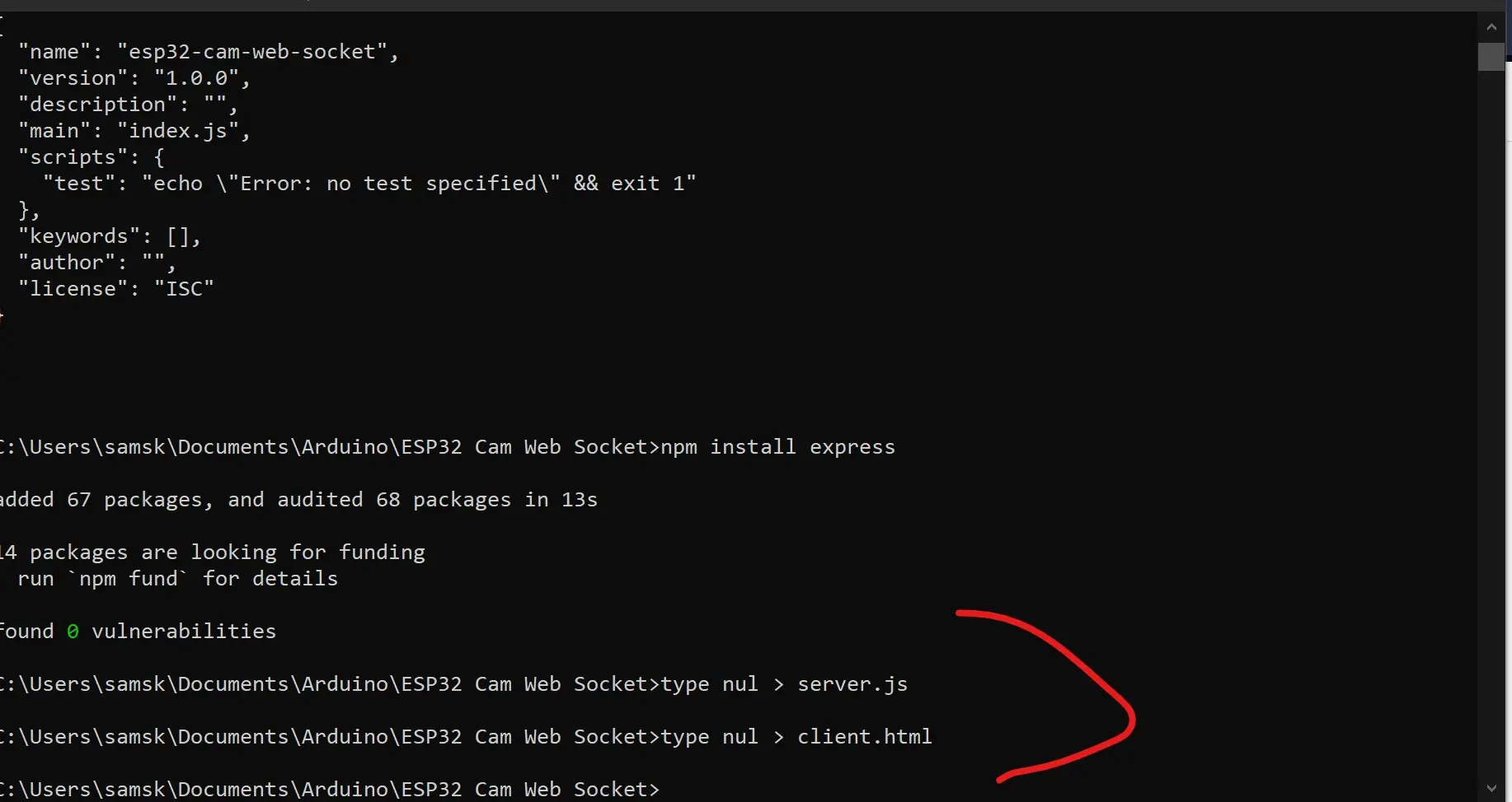 creating the server.js file using command prompt