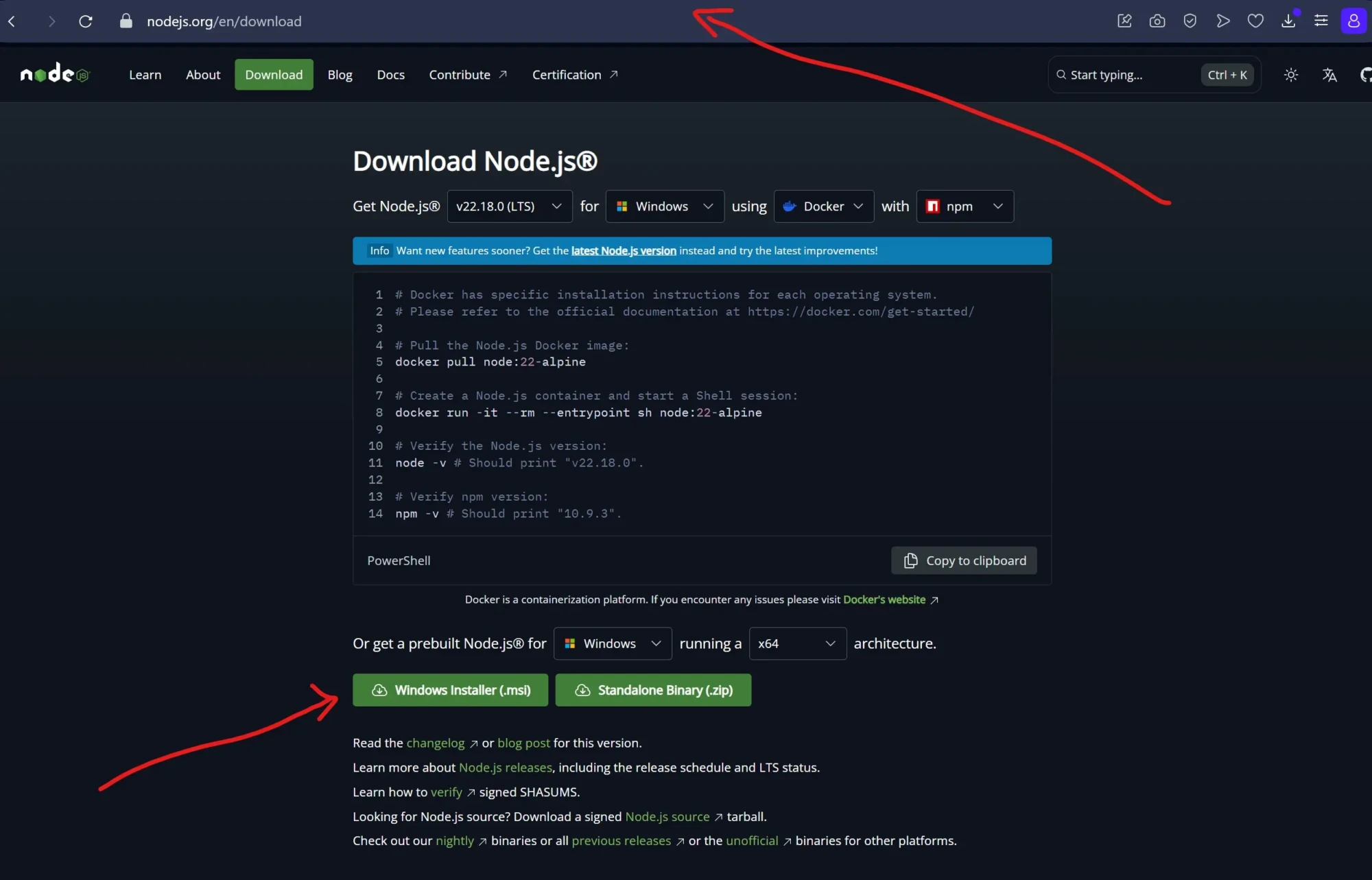download node.js from official website