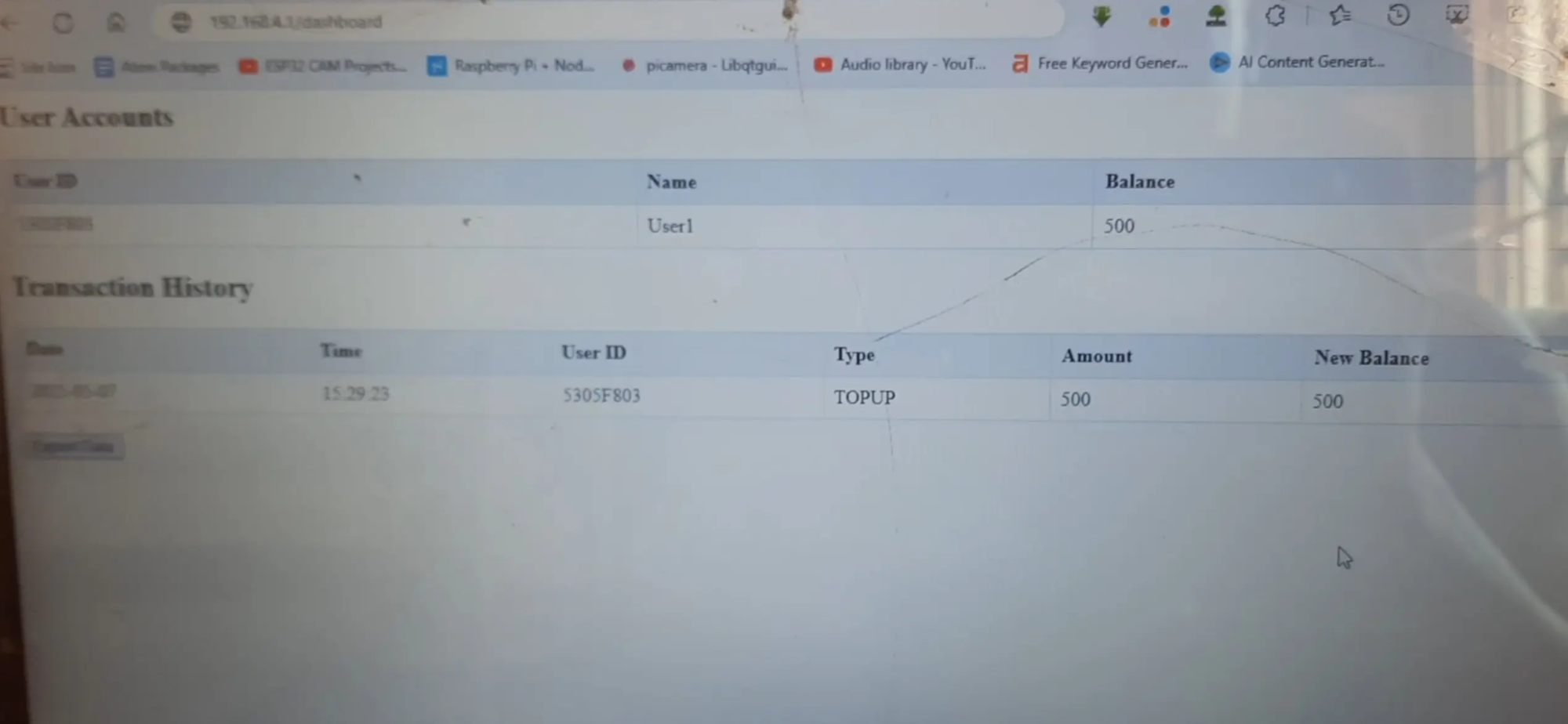 ESP32 RFID Cashless Payment System- The admin dashboard on a browser