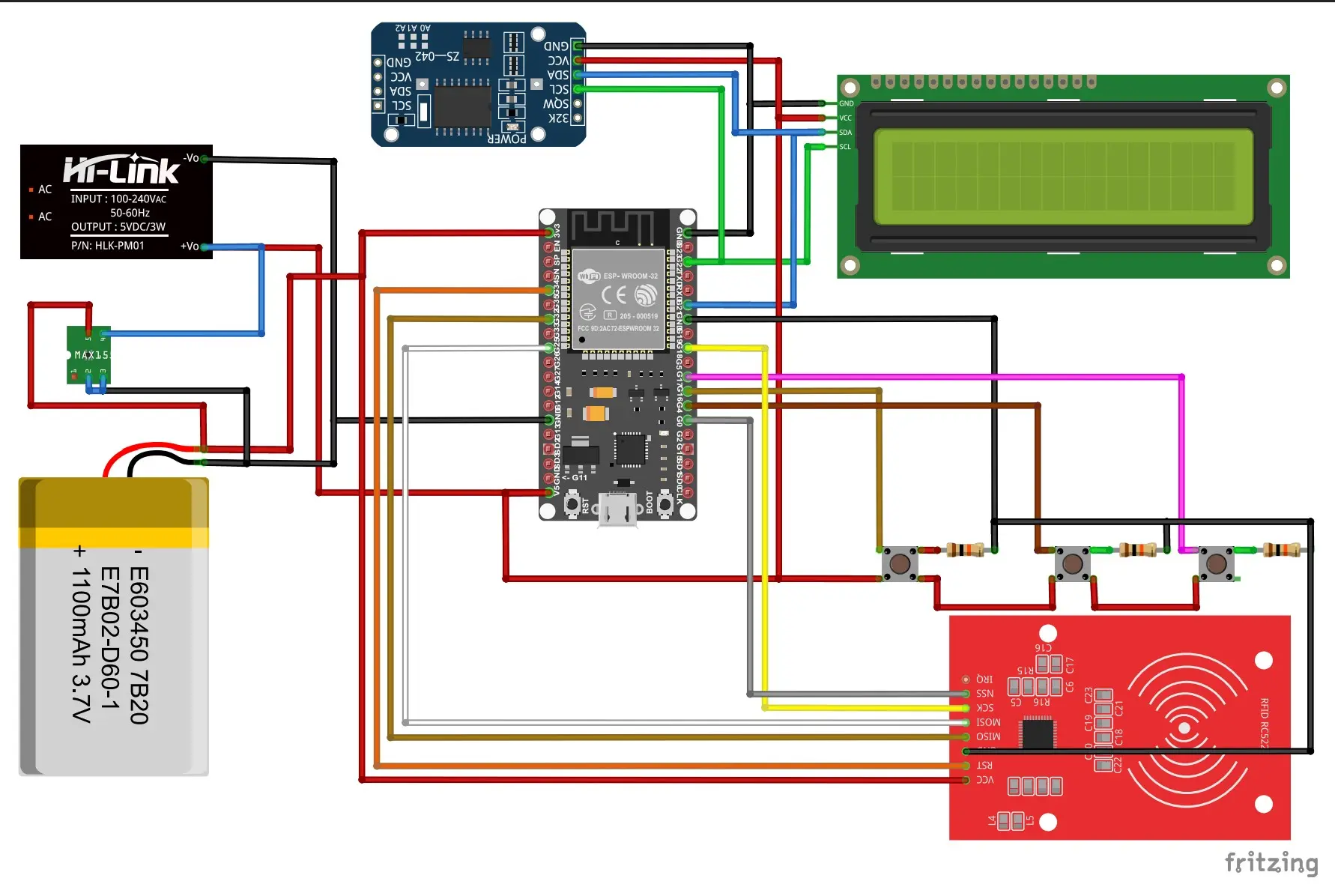 The schematic diagram of the ESP32 RFID Cashless Payment System.